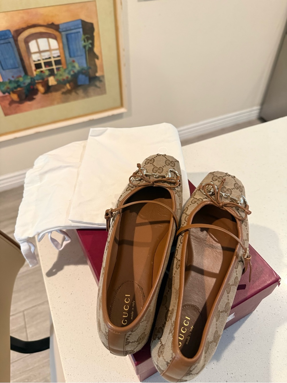 Gucci Beige Canvas Monogram Ballet Flats with Tan Leather Trim